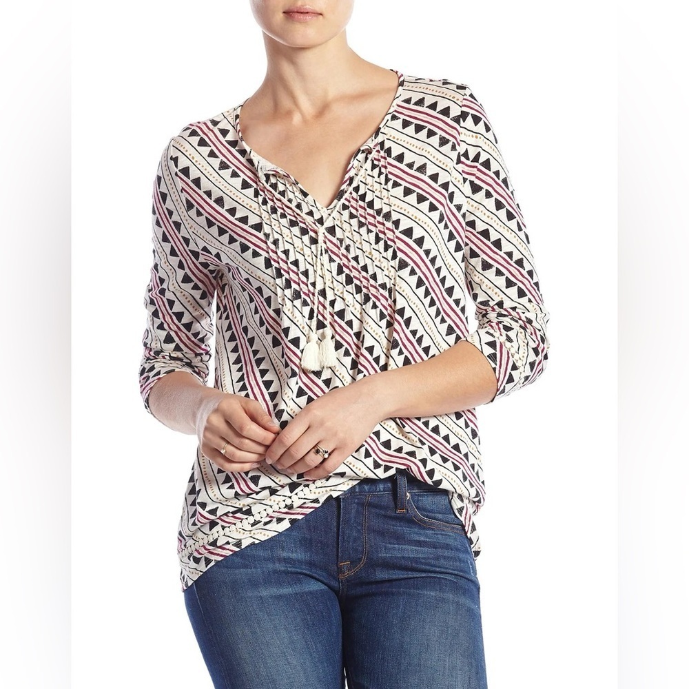 Lucky Brand Tribal‎ Rhythm Top Geometric Tassel Tunic Blouse Pleated Western